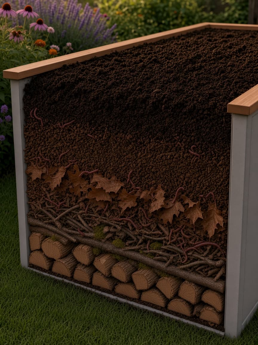 Hugelkultur layer stack with split logs, sticks, leaves, compost, soil, and red wiggler worms