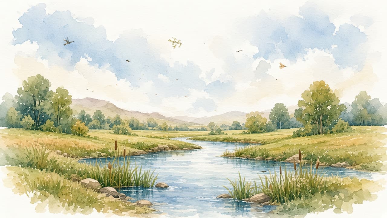 Watercolor of a river winding through a meadow with birds and clouds