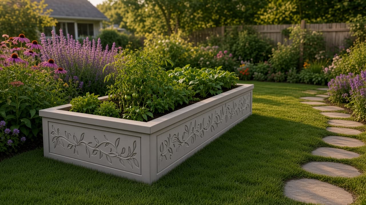 Cast concrete raised bed with a plain concrete rim in a backyard garden