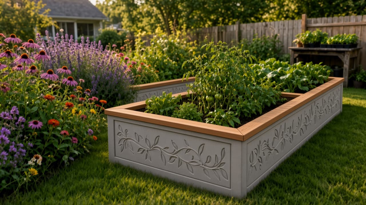 Finished concrete raised bed with a continuous vine relief and a simple overhanging cedar cap, vegetables, lawn, pollinator flowers, and seedling starts