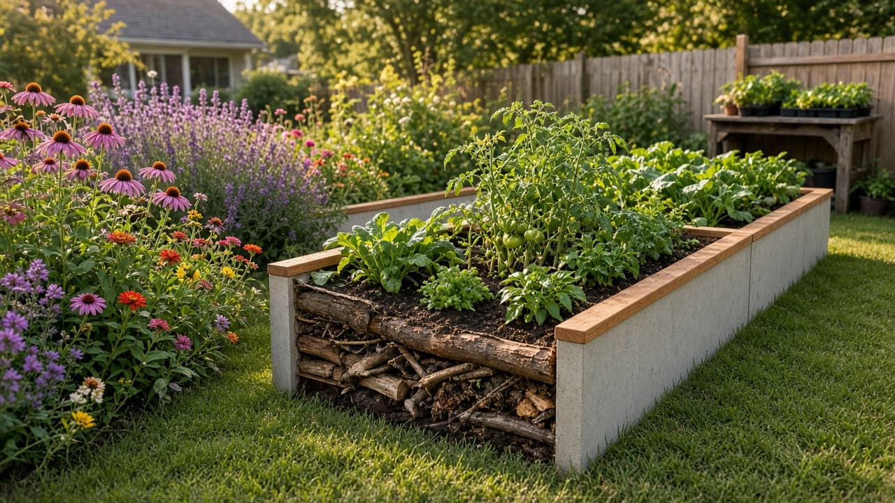 Backyard with concrete-and-cedar raised vegetable beds, a healthy lawn, pollinator flowers, and seedling starts