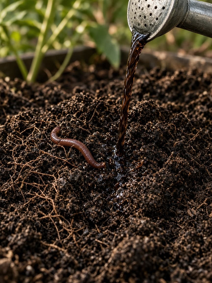 Vermicast tea poured onto living garden soil