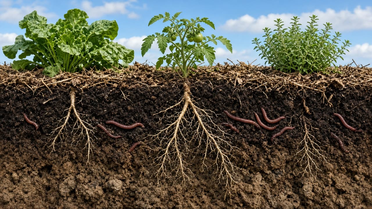 Side slice of living soil with plants, roots, worms, and vermicast