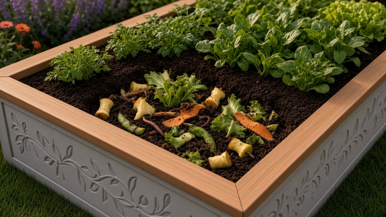 Kitchen scraps tucked into one corner of a raised bed so worms can migrate to the food