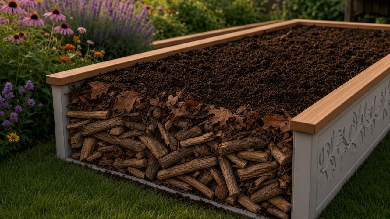 Raised bed cutaway showing hugelkultur logs under a living soil cap