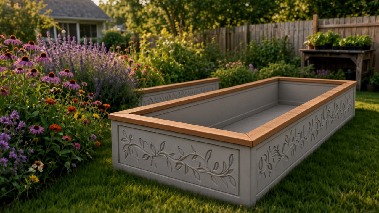 An empty concrete raised bed with a cedar cap, ready to be filled from scratch